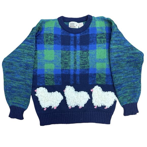 Oak Bluff Sweaters - Plaid Sweater 3D Sheep Women Size S Vintage Crew Neck Knit Pullover Grandma Core